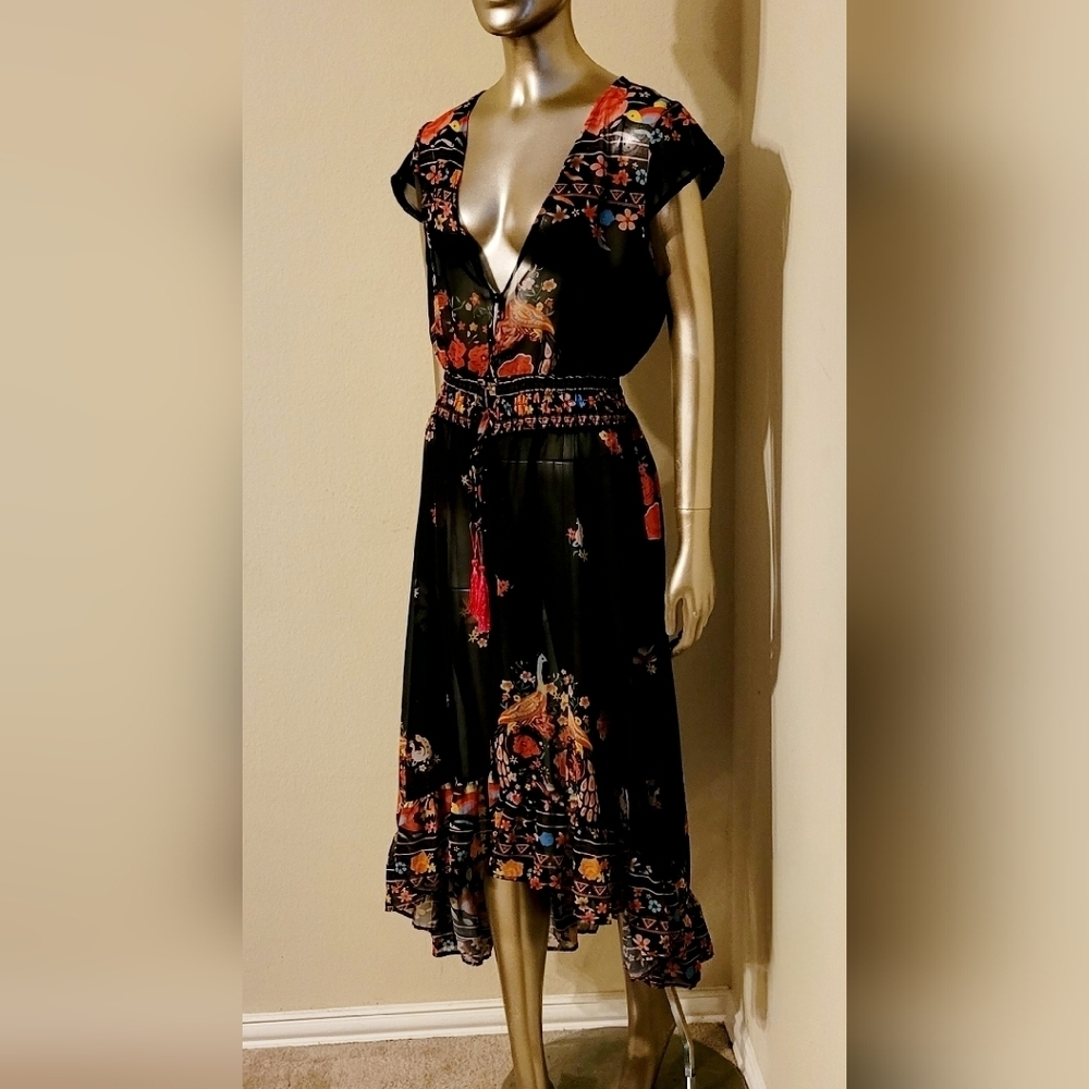 NWOT Floral Shirred Waist Tie Front Ruffle Hem Boho Sheer Dress Sz M - Picture 7 of 16